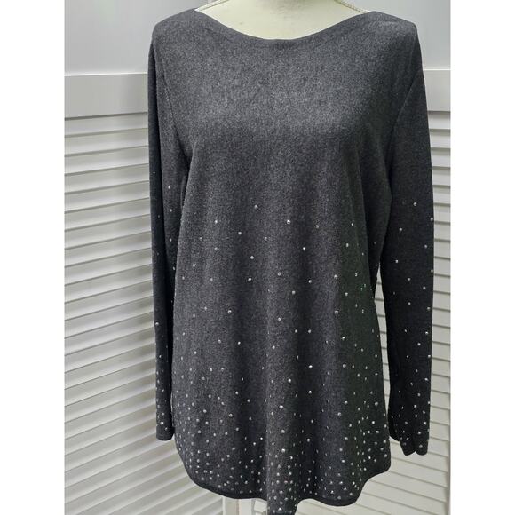 Chico’s Size 3 US XL Soft Gray Silver Rhinestone Embellished Holiday Tunic Lng - Picture 1 of 4